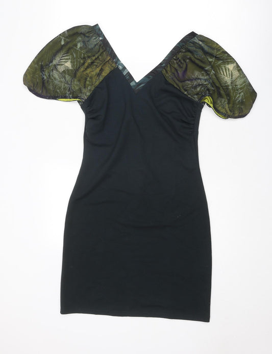 St-Martins Womens Black Polyester Shift Size S V-Neck Zip