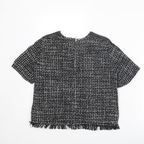 Zara Womens Black Cotton Basic Blouse Size M Boat Neck - Tweed Faux Leather