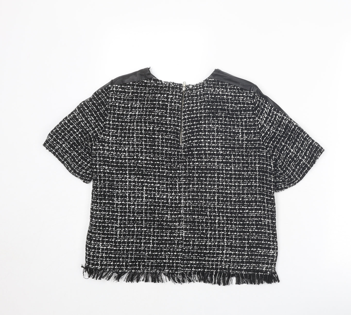 Zara Womens Black Cotton Basic Blouse Size M Boat Neck - Tweed Faux Leather