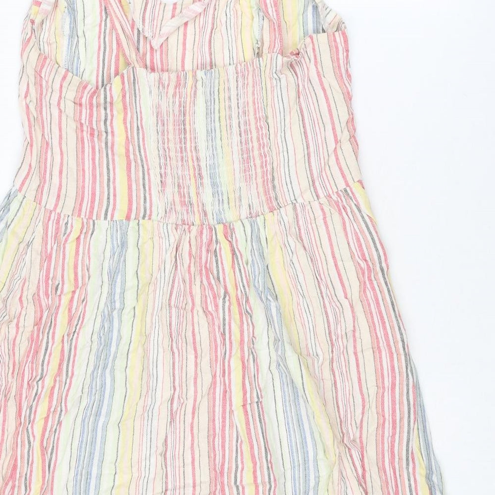 New Look Womens Multicoloured Striped Linen Tank Dress Size 16 V-Neck Pullover