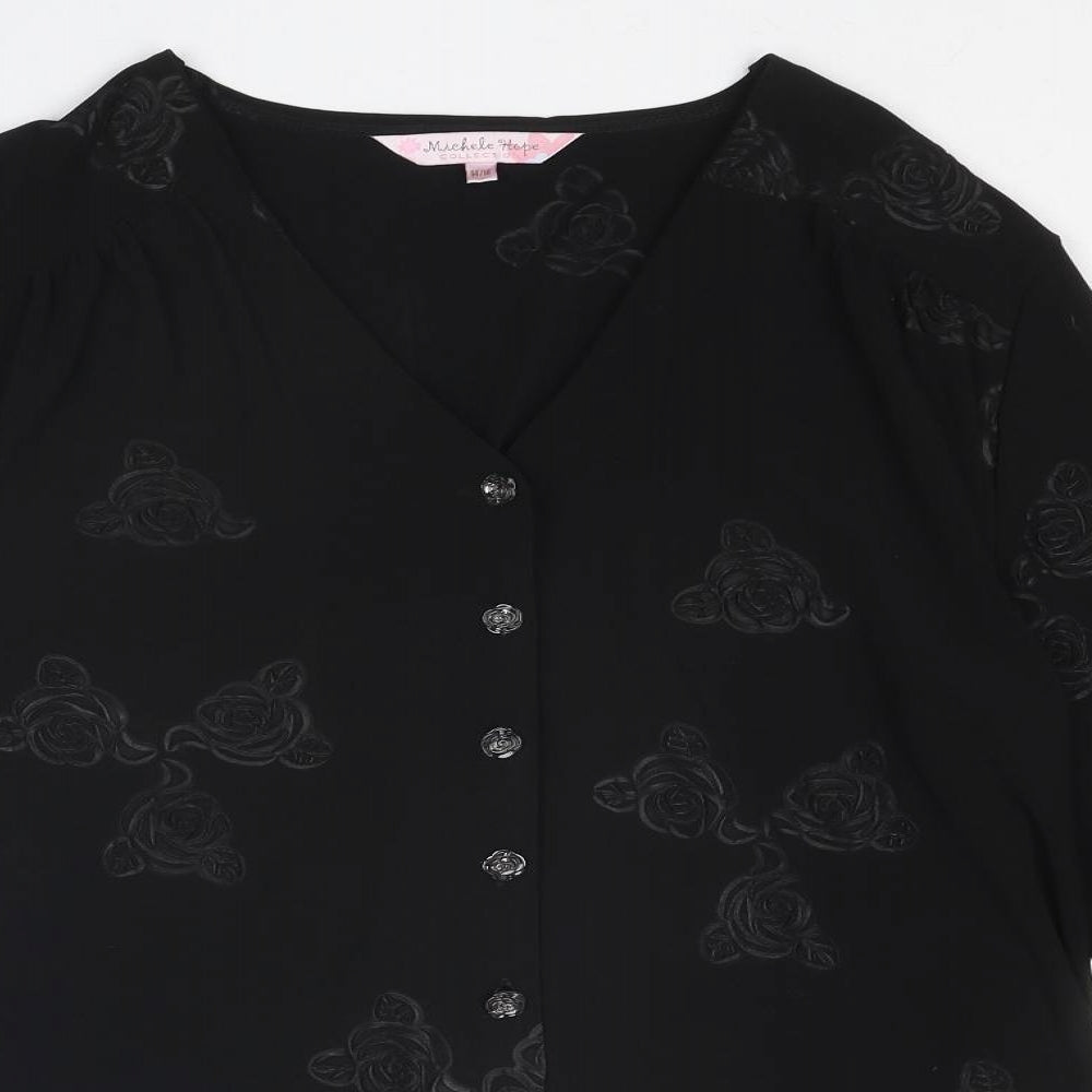 Michelle Hope Womens Black Floral Polyester Basic Button-Up Size 14 V-Neck - Size 14-16