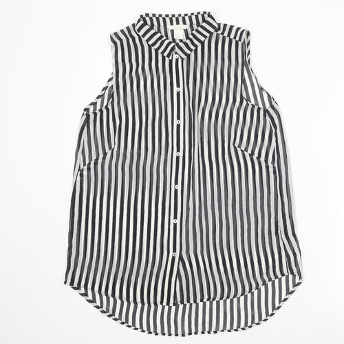 H&M Womens Black Striped Polyester Basic Button-Up Size 8 Collared
