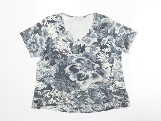 BHS Womens Blue Floral Cotton Basic T-Shirt Size 18 V-Neck