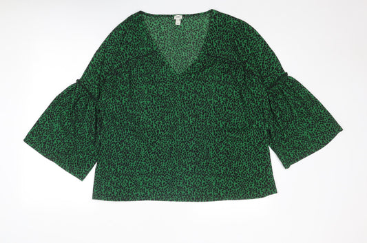 River Island Womens Green Animal Print Polyester Basic Blouse Size 14 V-Neck - Flute Sleeve
