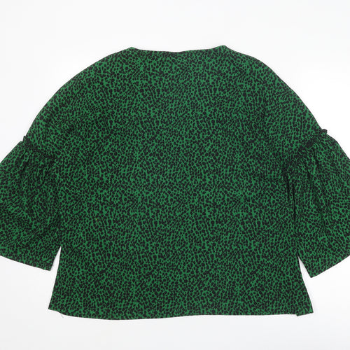 River Island Womens Green Animal Print Polyester Basic Blouse Size 14 V-Neck - Flute Sleeve