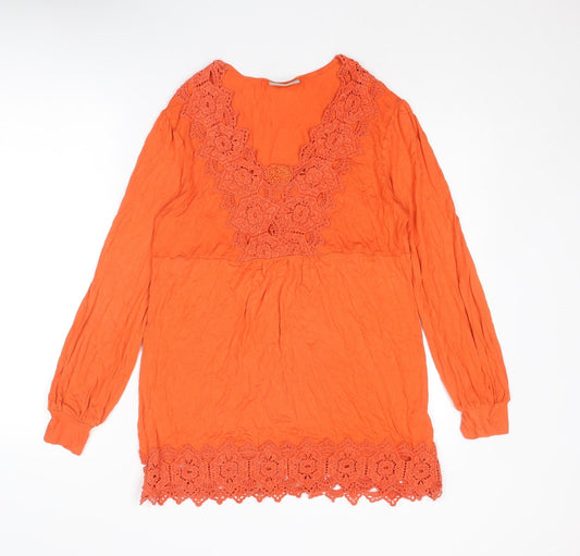 Wallis Womens Orange Viscose Tunic Blouse Size M V-Neck - Crocheted Lace Detail