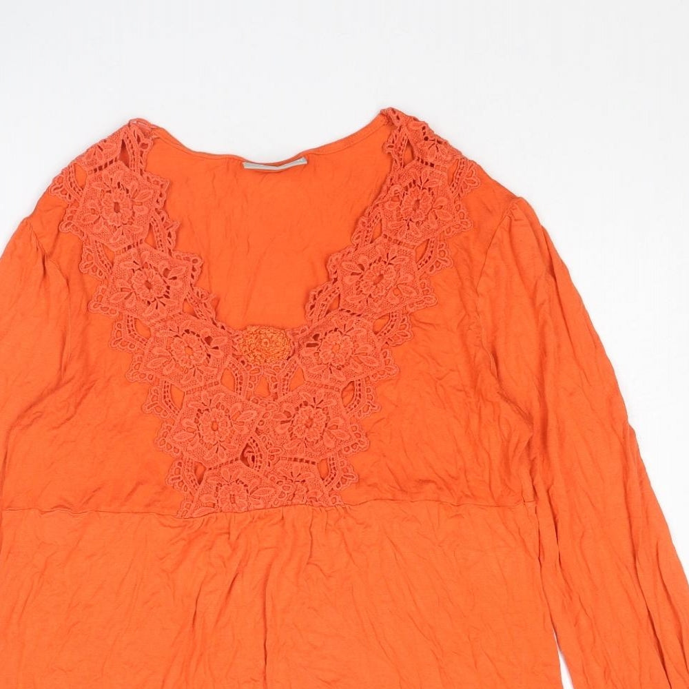 Wallis Womens Orange Viscose Tunic Blouse Size M V-Neck - Crocheted Lace Detail