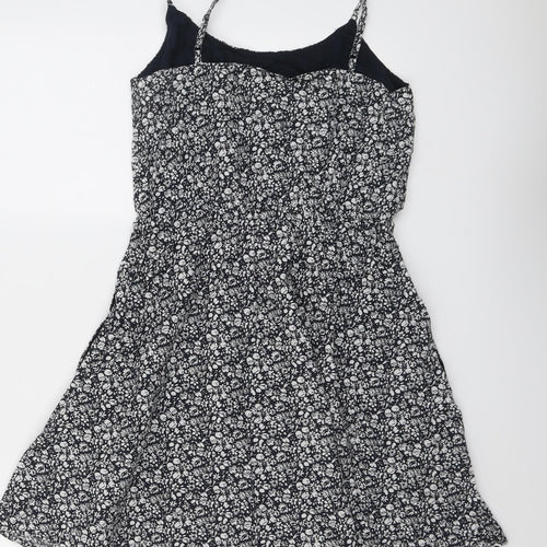 Jack Wills Womens Black Floral Cotton Skater Dress Size 8 Scoop Neck Pullover