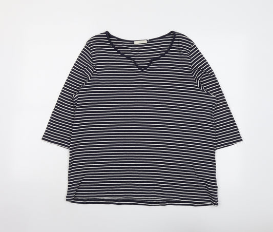 Marks and Spencer Womens Blue Striped Cotton Basic T-Shirt Size 18 V-Neck