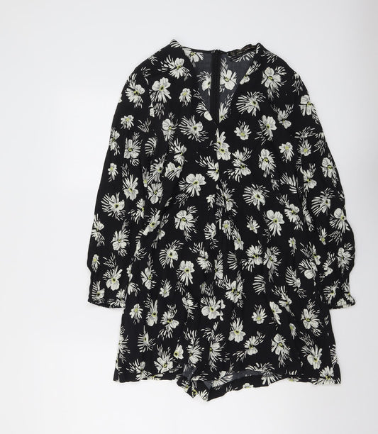 Zara Womens Black Floral Viscose Playsuit One-Piece Size S Zip