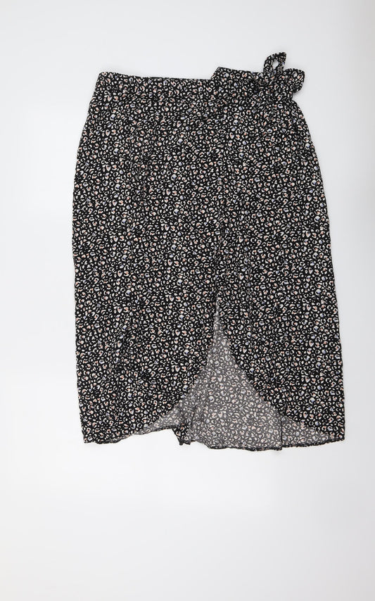 New Look Womens Black Animal Print Viscose Wrap Skirt Size 10 Tie - Leopard pattern