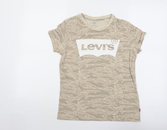 Levi's Womens Beige Geometric Cotton Basic T-Shirt Size S Round Neck