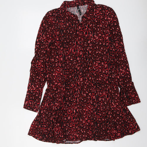 Zara Womens Red Animal Print Viscose Shirt Dress Size S Collared Button - Leopard Print