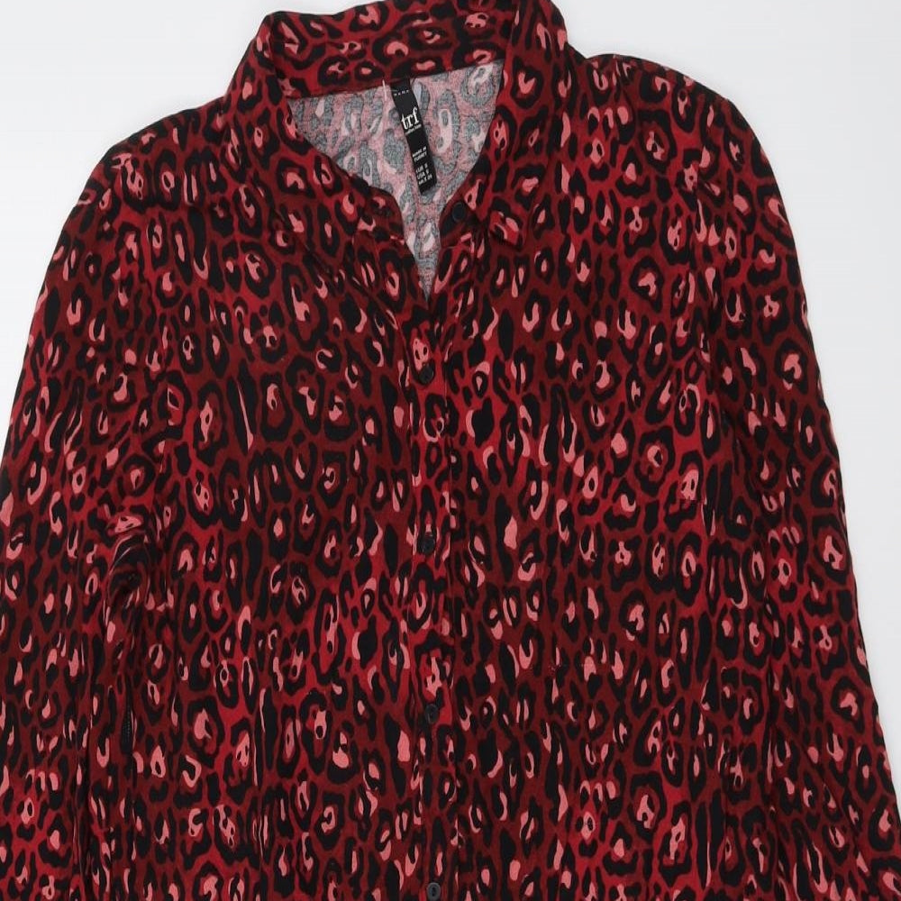 Zara Womens Red Animal Print Viscose Shirt Dress Size S Collared Button - Leopard Print
