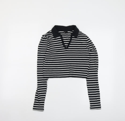 VERO MODA Womens Black Striped Cotton Cropped T-Shirt Size XS Collared