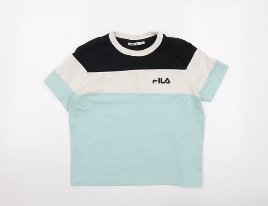 FILA Womens Blue Colourblock Cotton Basic T-Shirt Size S Crew Neck