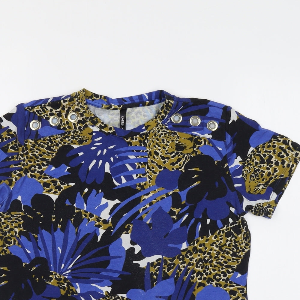 Karen Millen Womens Blue Geometric Viscose Basic T-Shirt Size 10 Crew Neck - Wild Cat Print