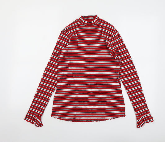 Marks and Spencer Womens Red Striped Cotton Basic T-Shirt Size 14 Mock Neck
