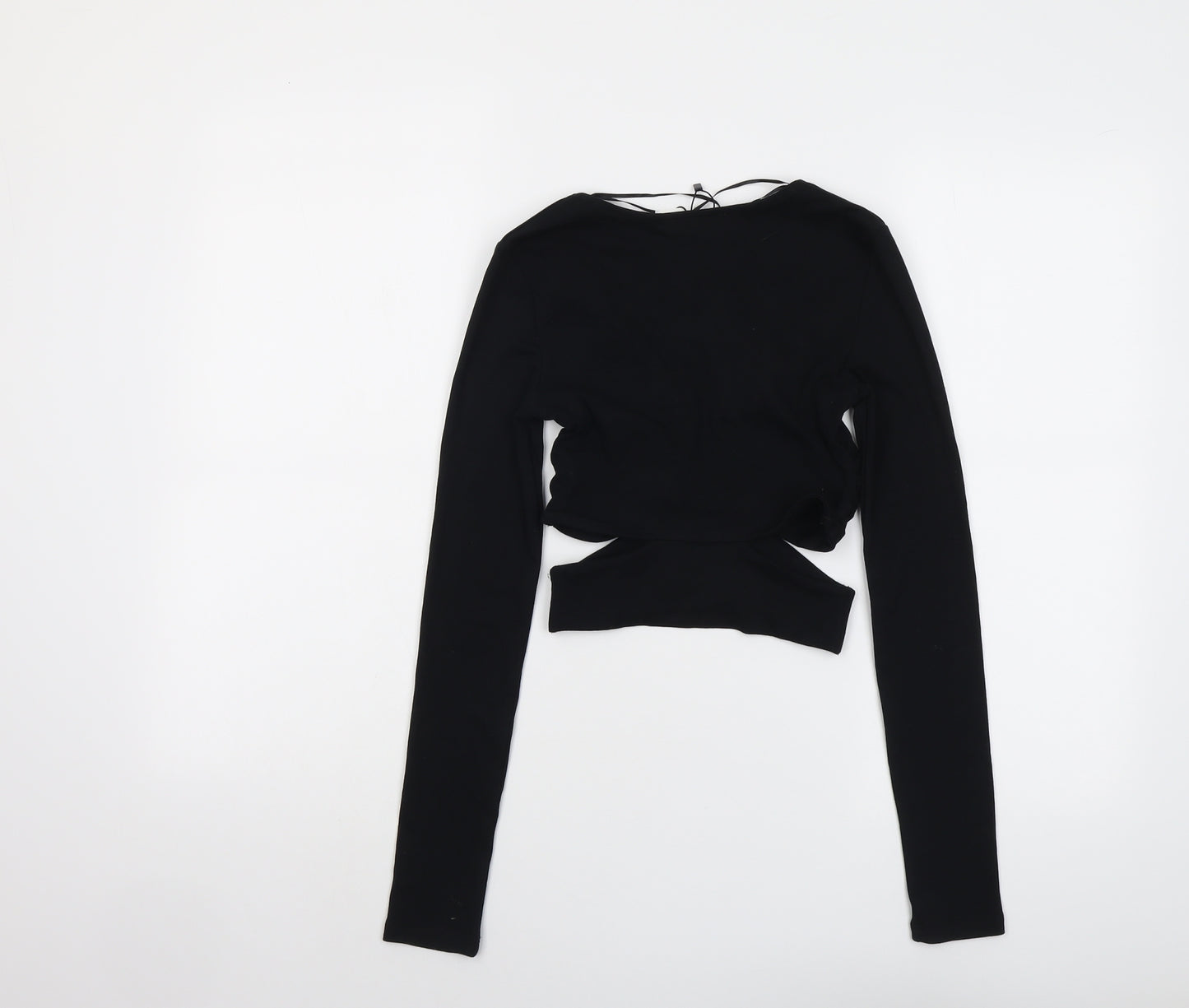 Zara Womens Black Cotton Cropped T-Shirt Size S V-Neck - Cut Out Detail
