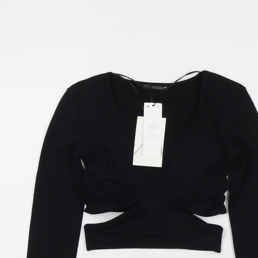 Zara Womens Black Cotton Cropped T-Shirt Size S V-Neck - Cut Out Detail