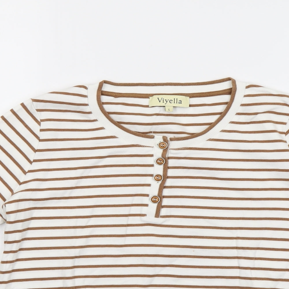 Viyella Womens Brown Striped Cotton Basic T-Shirt Size L Henley