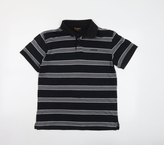 Dunlop Mens Black Striped Polyester Polo Size S Collared Button