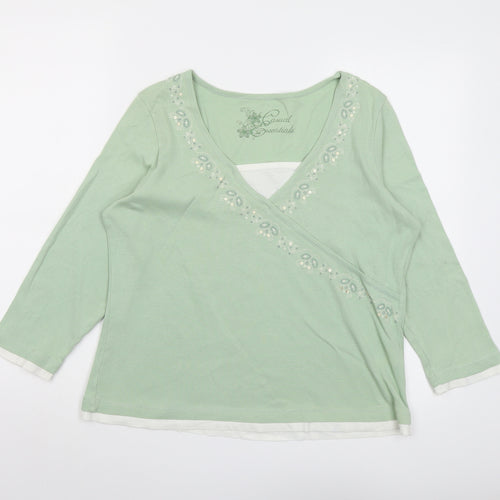 BHS Womens Green Cotton Basic Blouse Size 18 V-Neck - Wrap Style
