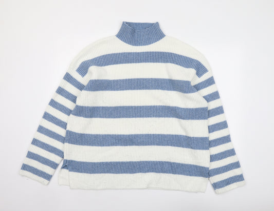 Marks and Spencer Womens Blue High Neck Striped Polyester Pullover Jumper Size XL