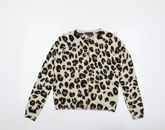 Marks and Spencer Womens Beige Round Neck Animal Print Viscose Cardigan Jumper Size 12 - Leopard Print