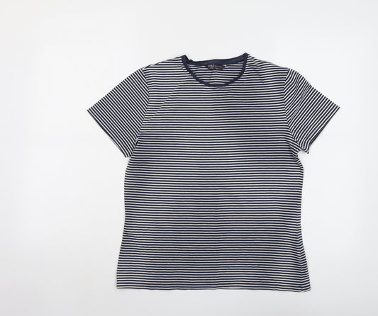 Marks and Spencer Womens Blue Striped Cotton Basic T-Shirt Size 14 Crew Neck