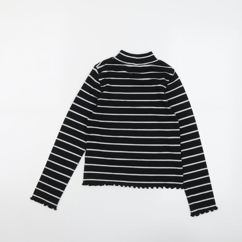 Marks and Spencer Girls Black Striped Cotton Basic T-Shirt Size 8-9 Years Mock Neck Pullover