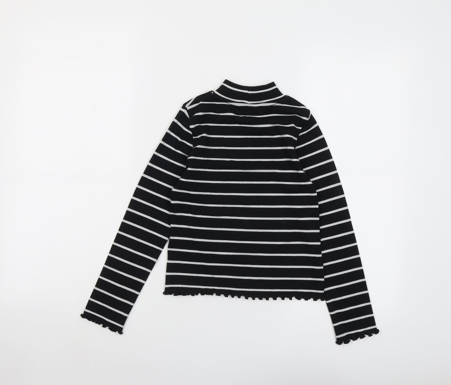Marks and Spencer Girls Black Striped Cotton Basic T-Shirt Size 8-9 Years Mock Neck Pullover
