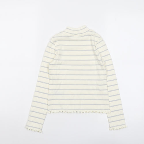 Marks and Spencer Girls Ivory Striped Cotton Basic T-Shirt Size 8-9 Years Mock Neck Pullover