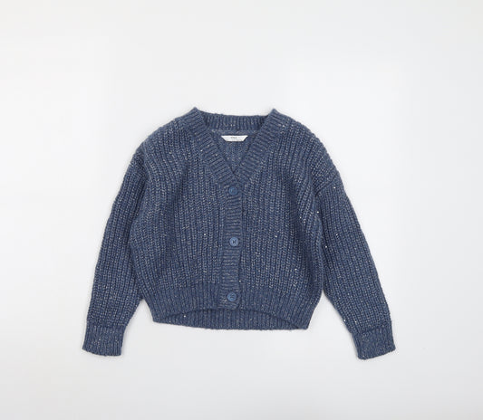 Marks and Spencer Girls Blue V-Neck Acrylic Cardigan Jumper Size 7-8 Years Button