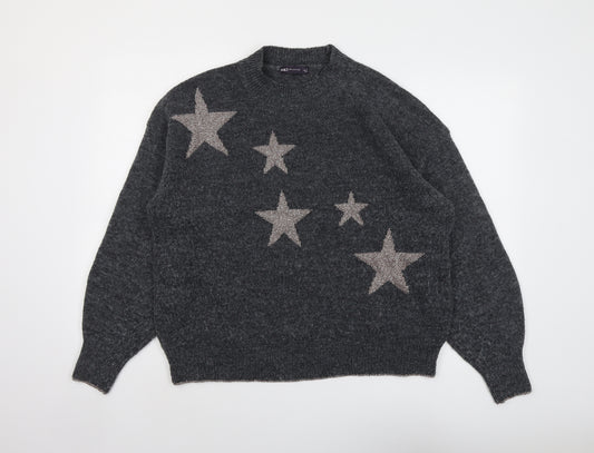 Marks and Spencer Womens Grey High Neck Acrylic Pullover Jumper Size L - Star Pattern