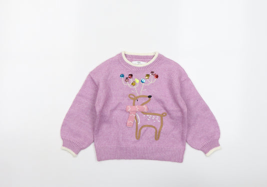 Marks and Spencer Girls Purple Round Neck Polyester Pullover Jumper Size 2-3 Years Pullover - Reindeer