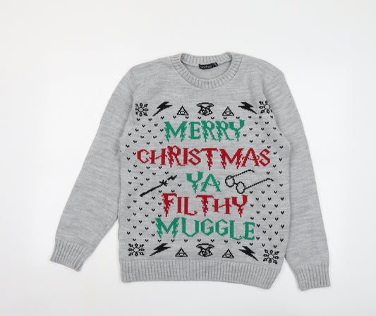 Boohoo Womens Grey Round Neck Acrylic Pullover Jumper Size S - Merry Christmas Ya Filthy Muggle Harry Potter