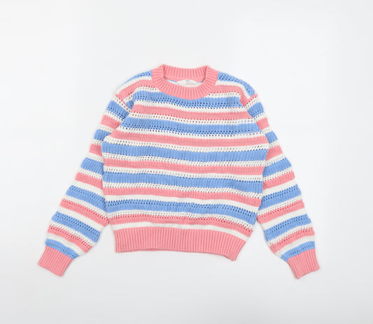 Marks and Spencer Girls Multicoloured Round Neck Striped Cotton Pullover Jumper Size 7-8 Years Pullover