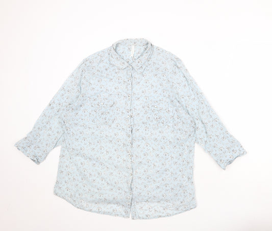 Marks and Spencer Womens Blue Floral 100% Cotton Basic Button-Up Size 20 Collared