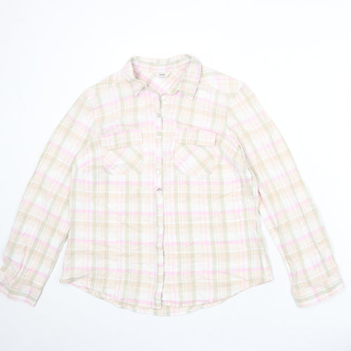 Classic Womens Multicoloured Plaid Linen Basic Button-Up Size 14 Collared