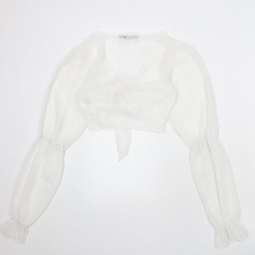 PRETTYLITTLETHING Womens White Geometric Polyester Wrap Blouse Size 8 V-Neck