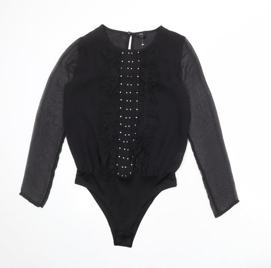 River Island Womens Black Polyester Bodysuit One-Piece Size 6 Snap - Mesh Sleeve