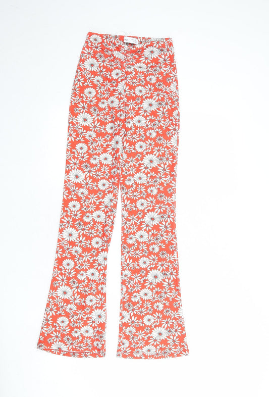 Bershka Womens Orange Floral Polyester Trousers Size XS Regular