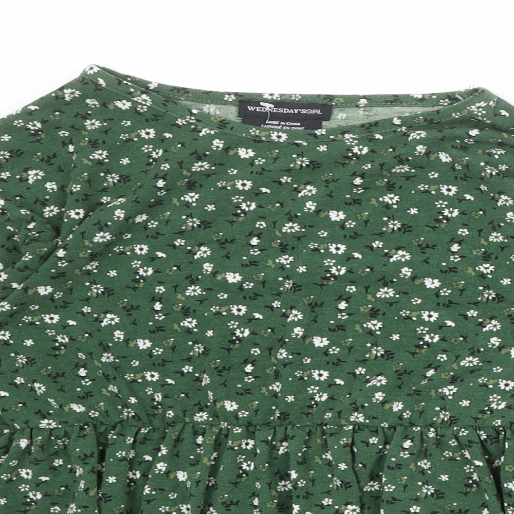 Wednesday's Girl Womens Green Floral Polyester Basic Blouse Size S Boat Neck - Peplum