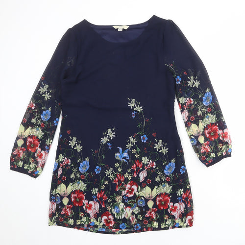 Yumi Womens Blue Floral Polyester A-Line Size 10 Round Neck Zip
