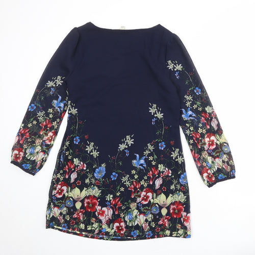Yumi Womens Blue Floral Polyester A-Line Size 10 Round Neck Zip