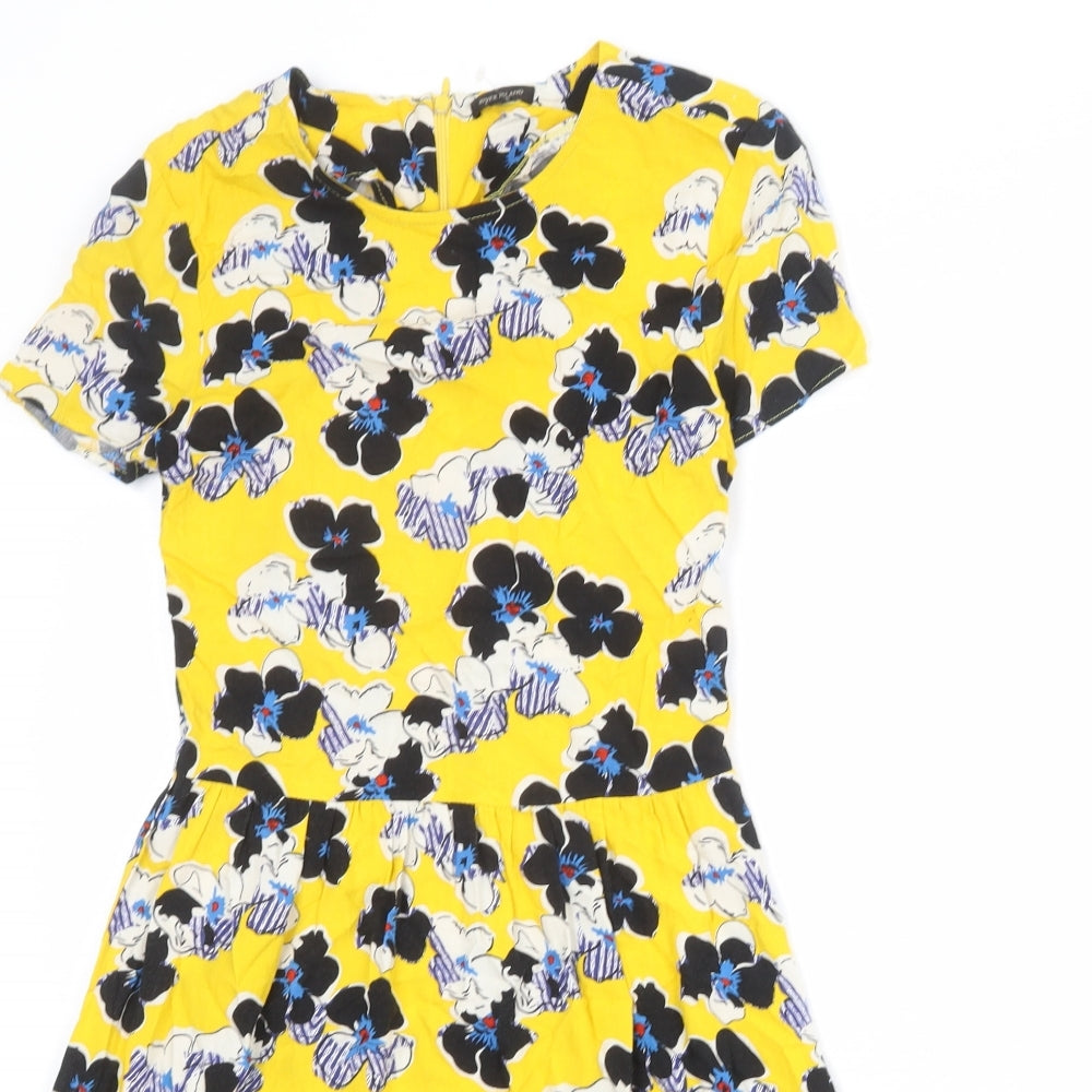 River Island Womens Yellow Floral Viscose A-Line Size 6 Round Neck Zip