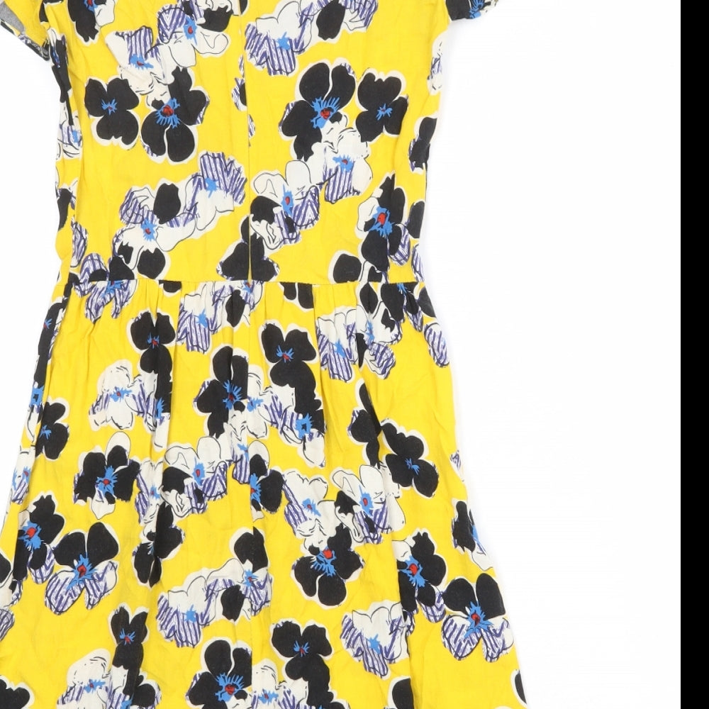 River Island Womens Yellow Floral Viscose A-Line Size 6 Round Neck Zip
