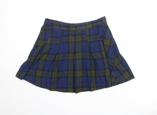 H&M Womens Blue Plaid Polyester Pleated Skirt Size 14 Zip