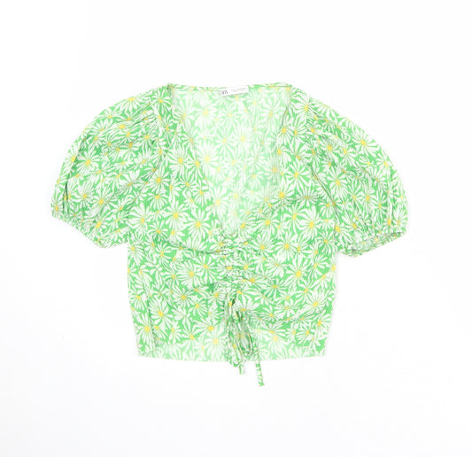 Zara Womens Green Floral Polyester Basic Blouse Size S V-Neck - Ruched Front